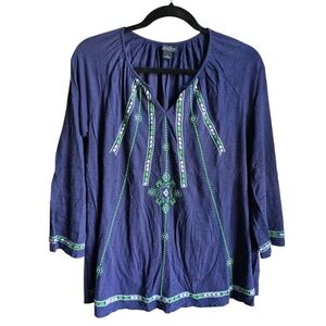 Lucky Brand Long Sleeve Pullover Tunic Embroidered Blue Green Peasant L FLAW